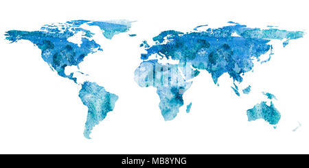 2d Hand gezeichnet Abbildung der Weltkarte. Türkis Blau Aquarell isoliert Erde. Kontinente. Weißer Hintergrund. Stockfoto