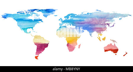 2d Hand gezeichnet Abbildung der Weltkarte. Farbe gradiented Aquarell Bild der isolierten Erde. Bunte Kontinenten. Weißer Hintergrund. Stockfoto