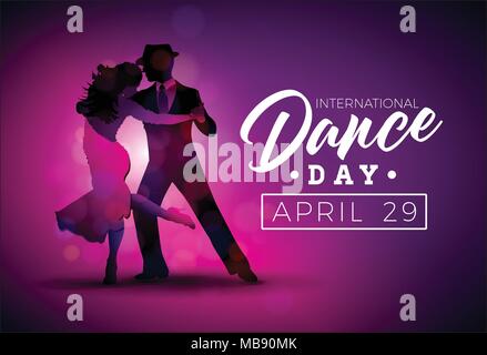 International Dance Tag Vector Illustration mit Tango tanzen Paar auf lila Hintergrund. Design Template für Banner, Flyer, Einladung, Broschüre, Poster oder Grußkarte. Stock Vektor