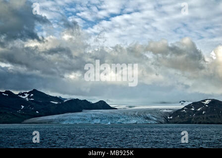 North east coast of South Georgia, Antarctica. Coastal mountain range and glacier entering the sea Stockfoto