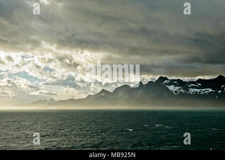 Die dramatische Küstenlinie von South Georgia kurz nach Sonnenaufgang ein ruhiger Sommertag. Stockfoto