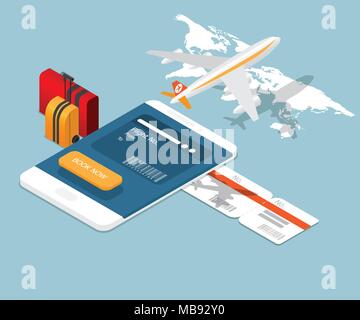 Flugticket online Buchung auf dem Smartphone Vektor isometrische Stock Vektor