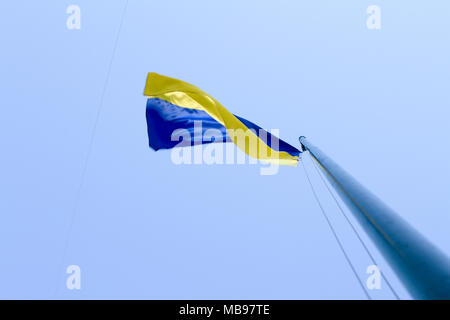 Farbenfrohe bunte aufblasbare Bälle fliegen in der Luft gegen den Hintergrund der Bäume und der blaue Himmel während der festlichen Festival. Gruß in den Himmel von bunten balloo Stockfoto