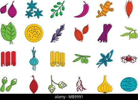 Gewürze Icon Set, Farbe Umrisse Stil Stock Vektor