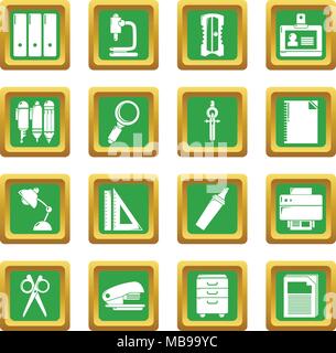 Schreibwaren Icons Set grünes Quadrat Vektor Stock Vektor