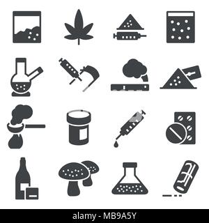 Vektor, Drogen, Sucht, Marihuana, Spritze Symbole auf weißem Hintergrund Stock Vektor