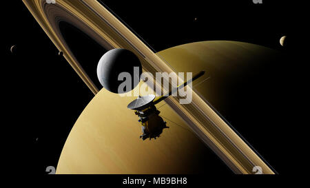 Saturnmond Enceladus und Raumsonde Cassini - Huygens vor der Planet Saturn, Ringe und anderen Monde Stockfoto