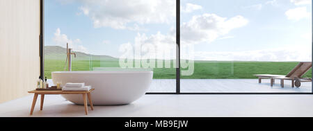 Neues, modernes Badezimmer mit einer schönen Aussicht. 3D-Rendering Stockfoto