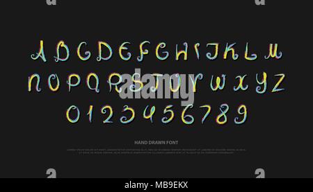 Hand gezeichnet Alphabet Buchstaben und Zahlen. Vektor Pinsel, Schriftart Design. handgefertigte Schriftzug Symbole, Pinsel typesetting. Farbenfrohe typefac schreiben Stock Vektor