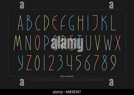 Hand gezeichnet Alphabet Buchstaben und Zahlen. vector font Type Design. handgefertigte Schriftzug Symbole, bunte Schriftsatz. dünne Linie Schrift schreiben Stock Vektor