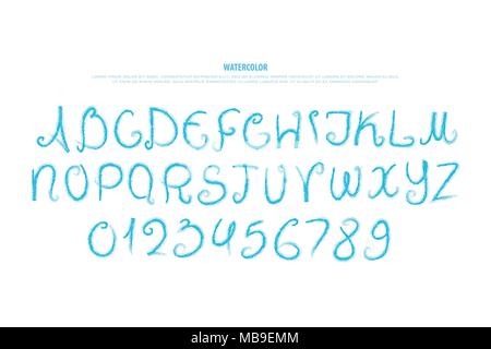 Hand gezeichnet Alphabet Buchstaben und Zahlen. Vektor Aquarell, Schriftart Design. handgefertigte Schriftzug Symbole, Pinsel Schriftsatz. Aquarelle typef schreiben Stock Vektor