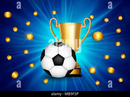 Sieger Herzlichen Glückwunsch Hintergrund mit goldenen Becher und Fußball-Ball. Vector Illustration Stock Vektor