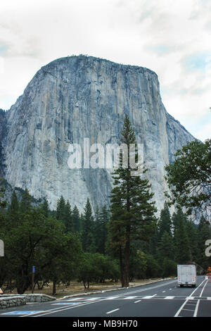 Massive monolith El Capitan vom Yosemite Valley National Park Straße gesehen, mit der Nase deutlich sichtbar. Stockfoto