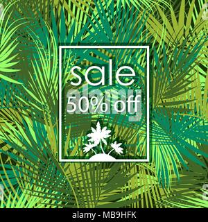 Verkauf 50 Prozent Rabatt auf Green Palm Tree Branches Hintergrund. Vector Illustration. Stock Vektor