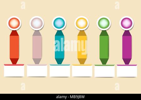 Die infograph von Sechs vertikale Rechtecke mit weißem Kreis und Rechteck Etiketten unter Ihnen für Ihren Text bereit. Stock Vektor