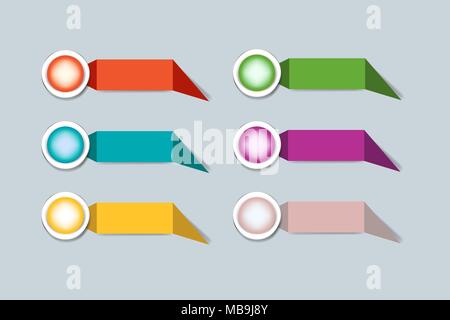 Die infograph von sechs horizontalen Rechteck Etiketten mit weißen Kreis bereit für ihren Text. Stock Vektor