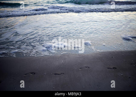 Fußabdrücke auf Sandstrand mit schäumenden Wellen des Meeres im Hintergrund, Florida, USA Stockfoto