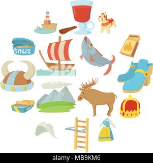 Schweden reisen Symbole Symbole, Cartoon Stil Stock Vektor