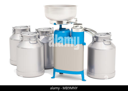 Milch Separator mit Milchkannen, 3D-Rendering auf weißem Hintergrund Stockfoto