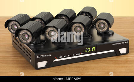 System Digital Video Recorder, cctv auf dem Holztisch. 3D-Rendering Stockfoto