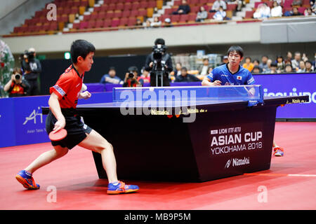 (L und R) Tomokazu Harimoto, kouki Niwa (JPN), 8. APRIL 2018 - Tischtennis: 31 LION ITTF ATTU Cup Yokohama 2018 Herren Einzel Platz 5 Match an der Yokohama kulturellen Gymnasium, Kanagawa, Japan. (Foto von LBA SPORT) Stockfoto