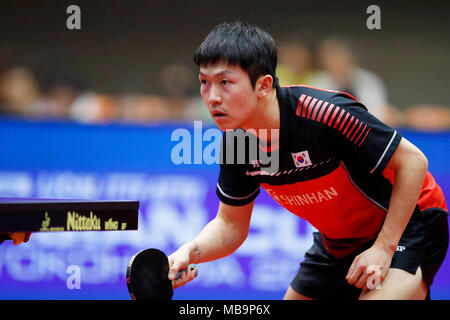 Jeong Sangeun (KOR), 8. APRIL 2018 - Tischtennis: 31 LION ITTF ATTU Cup Yokohama 2018 Herren Einzel Platz 3 Match an der Yokohama kulturellen Gymnasium, Kanagawa, Japan. (Foto von LBA SPORT) Stockfoto