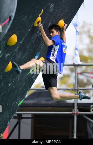 Hiroshima, Japan. Credit: MATSUO. 8 Apr, 2018. Rei Kawamata (JPN) Bouldern Bouldern: IFSC Internationale Serie Männer Finale während der fise World Series Hiroshima Hiroshima 2018 Erste Städtische Stadion in Hiroshima, Japan. Credit: MATSUO. K/LBA SPORT/Alamy leben Nachrichten Stockfoto