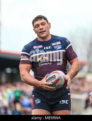 Wakefield, Großbritannien. 08.04.2018, Beaumont rechtliche Stadion, Wakefield, England; Betfred Super League Rugby, Wakefield Trinity v Leeds Rhinos; Ryan Hall von Leeds Rhinos hat einen Blick der Enttäuschung, als seine Versuchen ist nicht erlaubt Kreditkarten: Aktuelles Bilder/Alamy leben Nachrichten Stockfoto