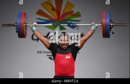 Queensland, Australien. 9 Apr, 2018. Dereck kommen (SEY). Mens 105kg. Gewichtheben. XXI Commonwealth Games. Optus Aquatic Centre. Gold Coast 2018. Queensland. Australien. 08/04/2018. Credit: Sport in Bildern/Alamy leben Nachrichten Stockfoto