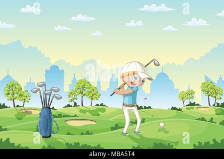 Junge spielt Golf auf einem Golfplatz, Vektor, Abbildung Stock Vektor