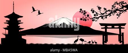 Silhouette Fuji Berg bei Sonnenuntergang. Landschaft, Mount Fuji. Mount Fuji auf einem rosa Hintergrund. Stock Vektor