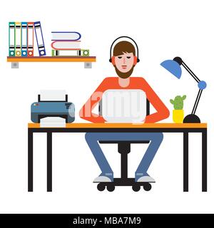 Mann am Tisch sitzen und Arbeiten am Laptop. Arbeitsbereich. Stock Vektor