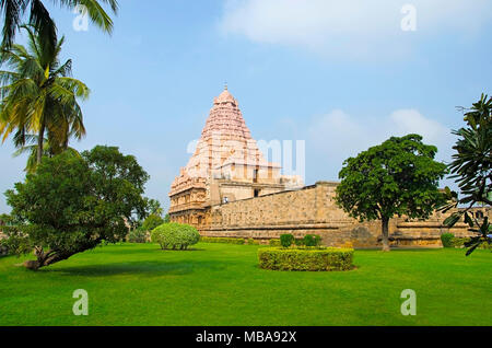Außenansicht des Gangaikondacholapuram-Tempels. Thanjavur, Tamil Nadu, Indien. Shiva Tempel hat den größten Lingam in Südindien. Stockfoto