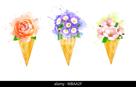 Wafer kegel Eis mit Blumenstrauß. Sommer Konzept. Design für Flyer, Poster, Banner, Karte. Stockfoto