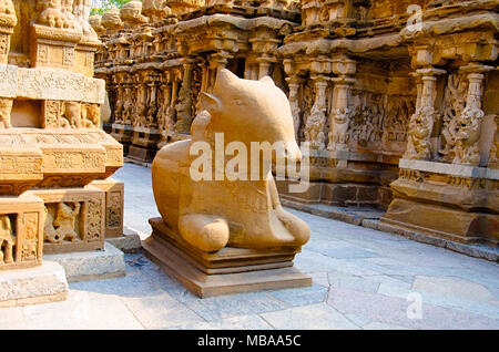 Aus gehauenem Stein Nandi und geschnitzten Idolen an der Außenwand des Kanchi-Kailasanathar-Tempels, Kanchipuram, Tamil Nadu, Indien. Ältester Hindu-Shiva-Tempel Stockfoto