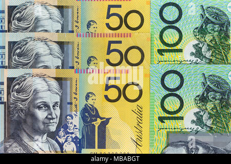 Banknoten der Verbreitung über Frame Australian Dollar in verschiedenen Stückelungen Stockfoto