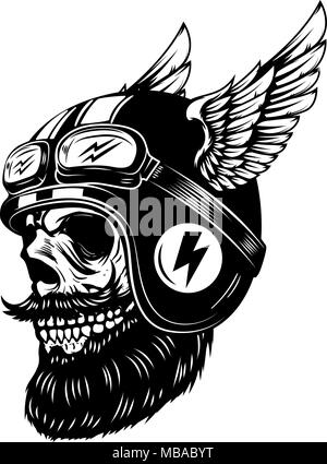 Racer Schädel in geflügelten Helm isoliert auf weißem Hintergrund. Gestaltungselement für Emblem, Poster, T-shirt. Vektor-illustration Stock Vektor