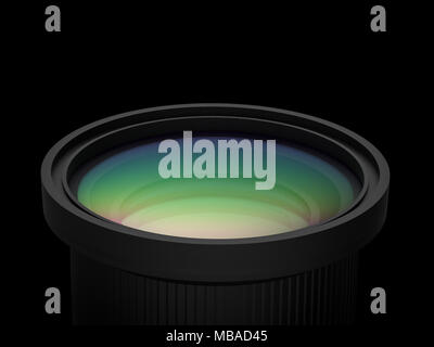 3D-Rendering schwarz Kameraobjektiv auf schwarzem Hintergrund Stockfoto