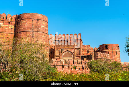 Mauern des Agra Fort. UNESCO-Weltkulturerbe in Indien Stockfoto