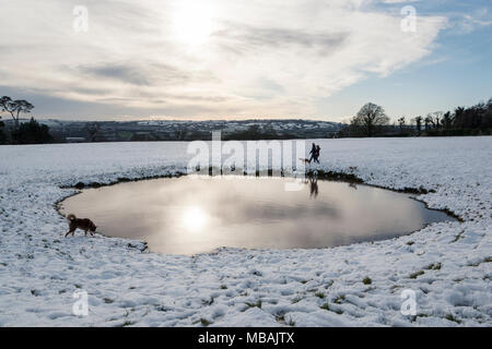 Hund und seinen Walker in der Nähe von einem Teich im Schnee, Ashton, Bristol, Großbritannien Stockfoto