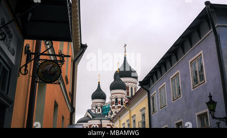 Das Stadtzentrum von Tallinn ist eine charmante Mischung aus bunten Gebäude und Straßen. Die Altstadt von der estnischen Hauptstadt gehört zum UNESCO-Weltkulturerbe. Stockfoto