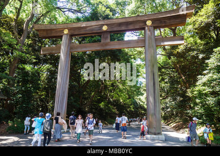 Tokio Japan, Asien, Orient, Shibuya ku, Meiji Jingu Shinto Shrine, torii, Tor, Eingang, Torbogen, Besucher reisen Reisen Touristik Tourismus Wahrzeichen Land Stockfoto