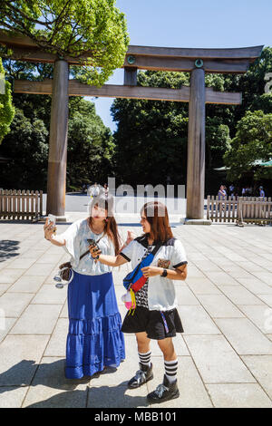 Tokio Japan, Asien, Orient, Shibuya ku, Meiji Jingu Shinto Shrine, torii, Tor, Eingang, Torbogen, Asiaten, ethnische Einwanderer Minderheit, orientalisch, wo Stockfoto