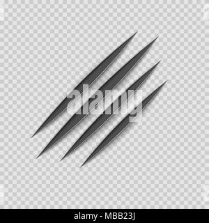 Schwarze krallen Tier scratch Kratzen. Kratzer oder Katze Tiger Paw Form. Vier Nägel verfolgen. Vector Illustration isoliert auf transparentem Hintergrund Stock Vektor