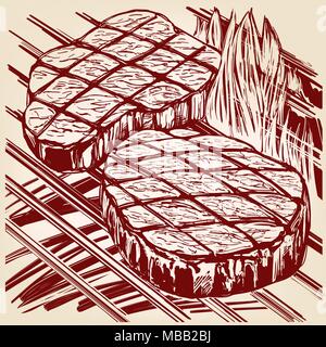 Essen Fleisch, Steak, Braten vom Grill Hand gezeichnet Vektor-illustration realistische Skizze Stock Vektor