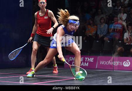 Queensland, Australien. 10 Apr, 2018. Alison THOMSON (SCO). Frauen verdoppelt Pool B. Squash. XXI Commonwealth Games. Oxenford Studios. Gold Coast 2018. Queensland. Australien. 10.04.2018. Credit: Sport in Bildern/Alamy leben Nachrichten Stockfoto