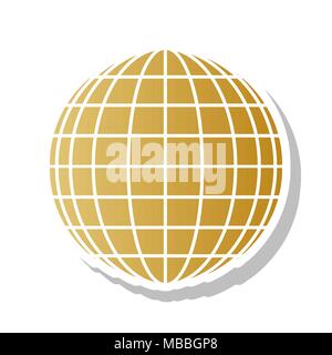 Earth Globus unterzeichnen. Vektor. Golden gradient Symbol mit weißen Kontur und gedrehten grauen Schatten auf weißem Hintergrund. Stock Vektor