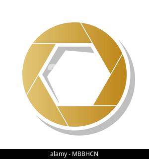 Foto zeichen Abbildung. Vektor. Golden gradient Symbol mit weißen Kontur und gedrehten grauen Schatten auf weißem Hintergrund. Stock Vektor