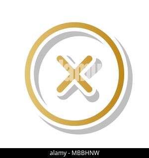 Kreuz Abbildung. Vektor. Golden gradient Symbol mit weißen Kontur und gedrehten grauen Schatten auf weißem Hintergrund. Stock Vektor