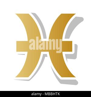 Fische zeichen Abbildung. Vektor. Golden gradient Symbol mit weißen Kontur und gedrehten grauen Schatten auf weißem Hintergrund. Stock Vektor